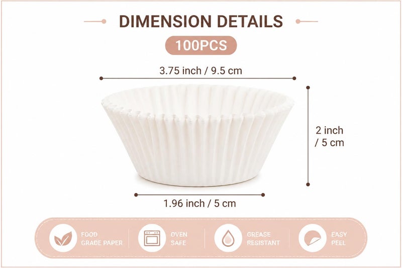 ورق كب كيك ابيض بريميوم – 100 قطعة، ورق خبز مثالي للكب كيك، المافين Premium White Paper Cupcake Cups, 100 Pcs – Food Grade Baking Liners for Cupcakes, Muffins, Desserts & Party Treats. - Image 2