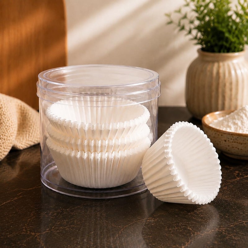 ورق كب كيك ابيض بريميوم – 100 قطعة، ورق خبز مثالي للكب كيك، المافين Premium White Paper Cupcake Cups, 100 Pcs – Food Grade Baking Liners for Cupcakes, Muffins, Desserts & Party Treats. - Image 1