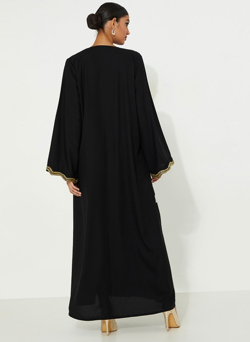 روزيت عباية عباءة سوداء مفتوحة مع جيب مطرز يدويًا باللون الأخضر الفاتح وأكمام - Image 2