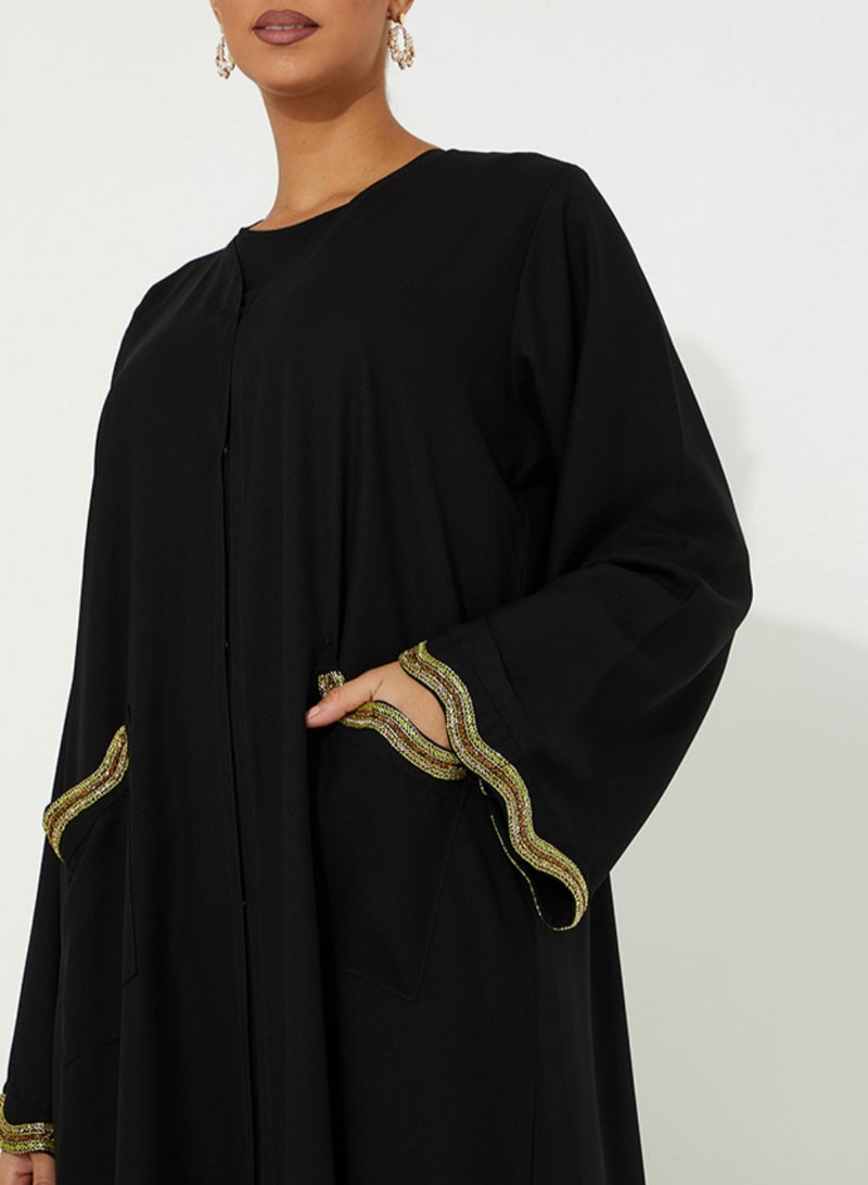 روزيت عباية عباءة سوداء مفتوحة مع جيب مطرز يدويًا باللون الأخضر الفاتح وأكمام - Image 3