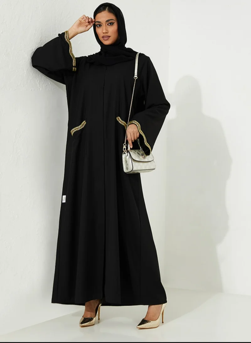 Rosette Abaya Black Open Abaya with light green hand embroidered pocket And Sleeves