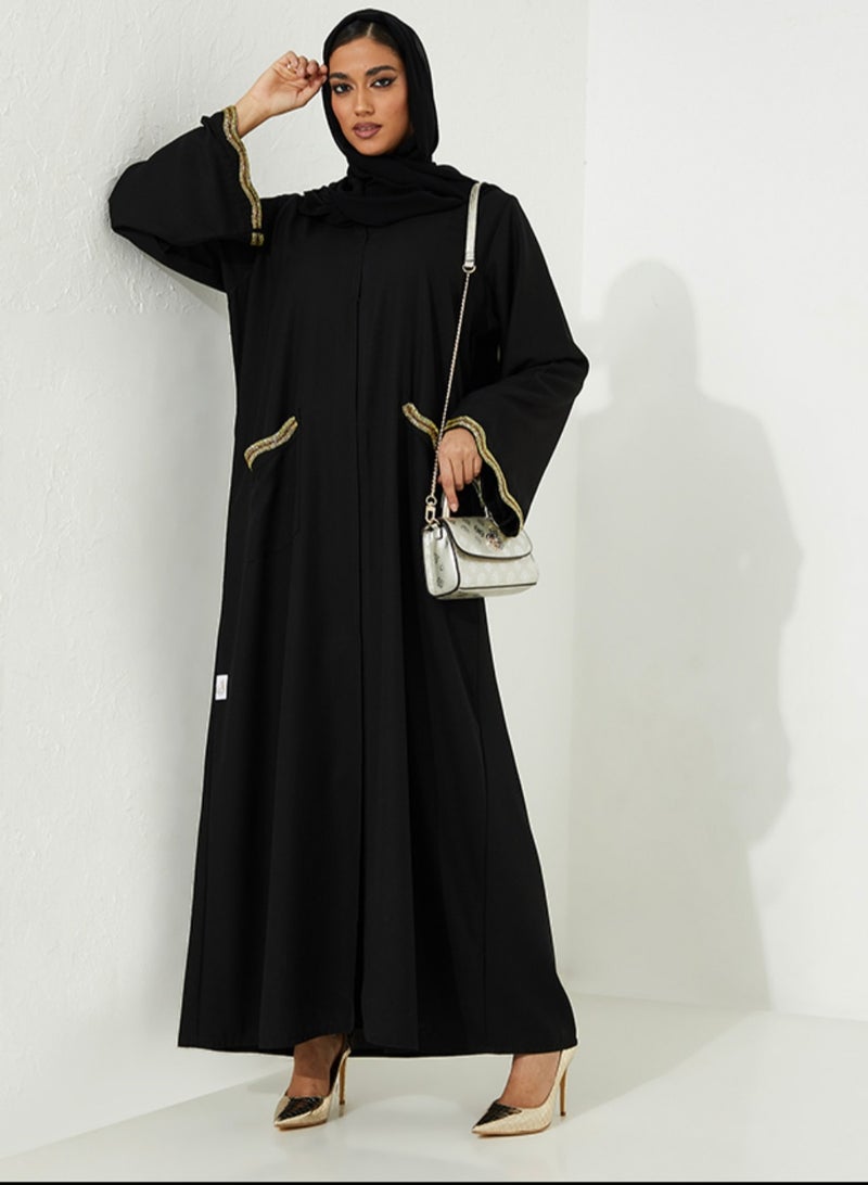 روزيت عباية عباءة سوداء مفتوحة مع جيب مطرز يدويًا باللون الأخضر الفاتح وأكمام - Image 4