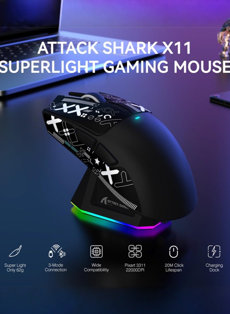 X11 Tri-mode Bluetooth Wireless Gaming Mouse with with Magnetic Charging Dock, Lightweight Anti Slip Mouse, PixArt PAW3311 Sensor, 22K DPI, BT/2.4Ghz/Wired, for PC/MAC - Image 3