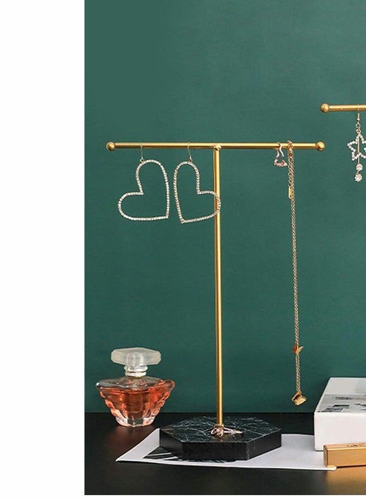 SYOSI Jewelry Stand Display Necklace Holder T-Shape Plated Metal Tabletop Jewelry Organizer Tower for Show Jewelry Hanging Pendant Earring Bracelet Ring Accessorie with Black Marble Plywood Bases  - Image 2