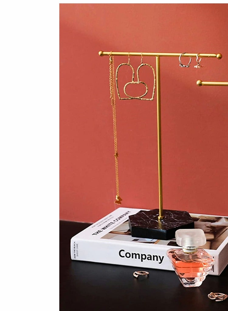SYOSI Jewelry Stand Display Necklace Holder T-Shape Plated Metal Tabletop Jewelry Organizer Tower for Show Jewelry Hanging Pendant Earring Bracelet Ring Accessorie with Black Marble Plywood Bases  - Image 5
