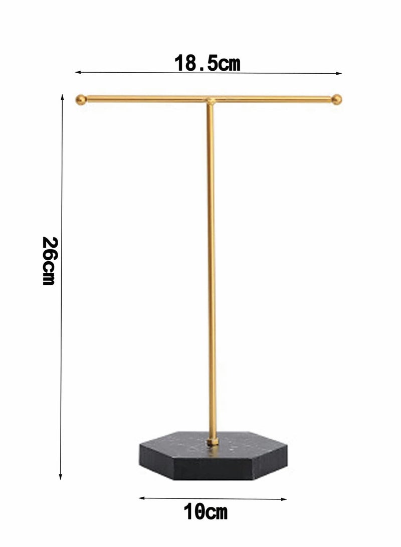 SYOSI Jewelry Stand Display Necklace Holder T-Shape Plated Metal Tabletop Jewelry Organizer Tower for Show Jewelry Hanging Pendant Earring Bracelet Ring Accessorie with Black Marble Plywood Bases  - Image 3