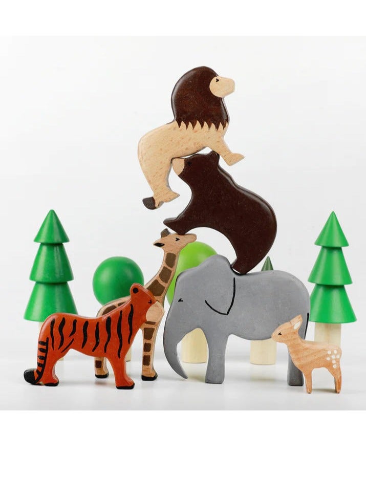 بيرتش آند باغز 6 قطع للأطفال من الحيوانات البرية المستوحاة من والدورف، حيوانات برية خشبية - Image 1