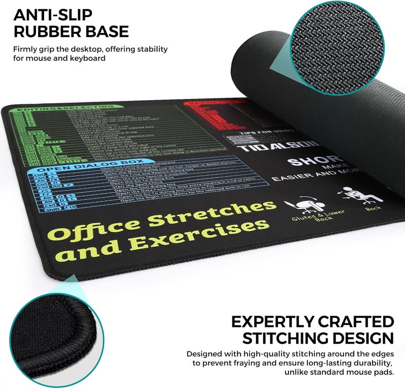 TIDALSOIL Extended Large Size Excel Shortcut Key Mouse Pad, Features Anti-Slip Rubber Base, Sewn Edge Mouse Pad, Suitable for Home, Gaming, Office Use, 900x400, Black - Image 3