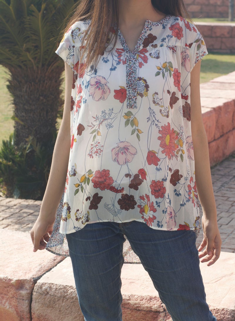 P FOR PRETTY Floral Printed Cutwork Top - Image 2