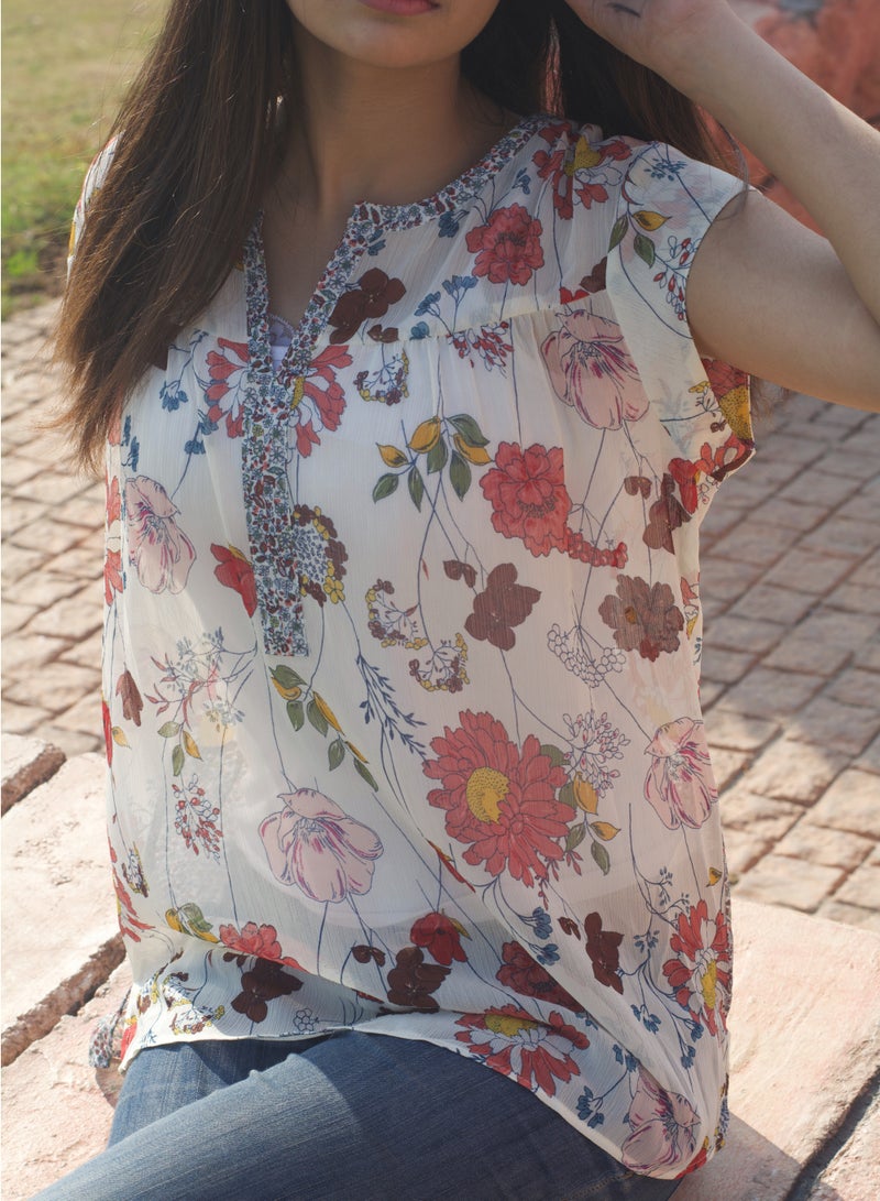 P FOR PRETTY Floral Printed Cutwork Top - Image 4