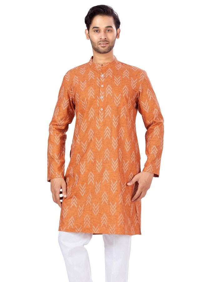 Studio Shringaar Men's Cotton Blend Relaxed Fit Ikat Printed Knee Length Kurta(M119, Orange_Medium) - Image 1