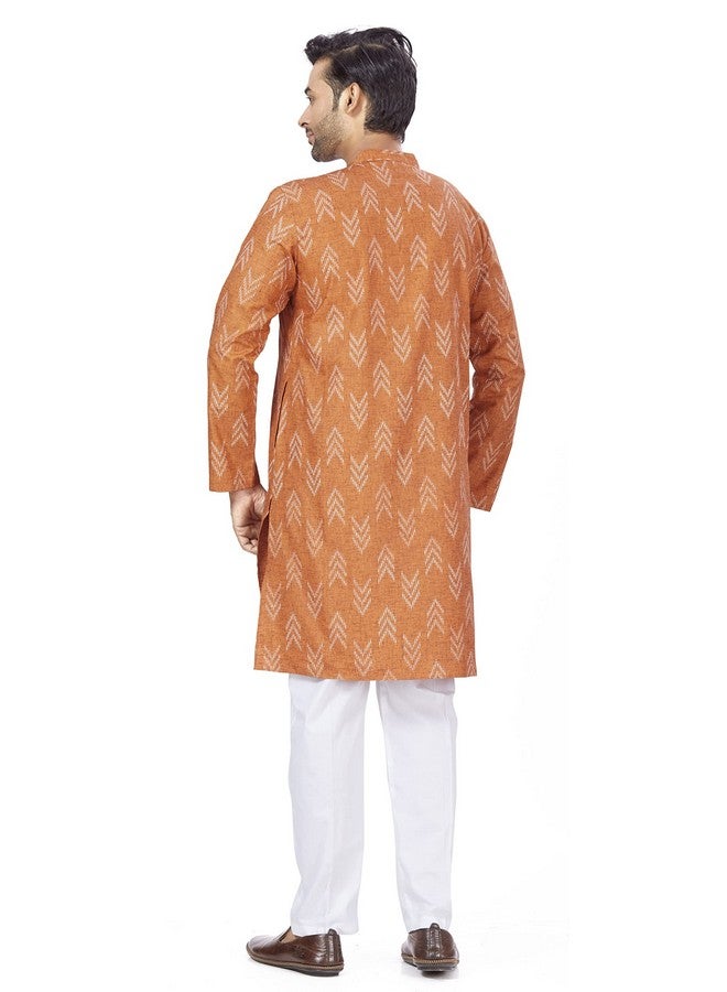 Studio Shringaar Men's Cotton Blend Relaxed Fit Ikat Printed Knee Length Kurta(M119, Orange_Medium) - Image 3