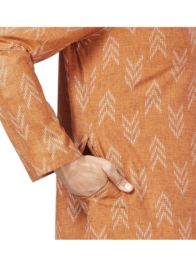 Studio Shringaar Men's Cotton Blend Relaxed Fit Ikat Printed Knee Length Kurta(M119, Orange_Medium) - Image 4