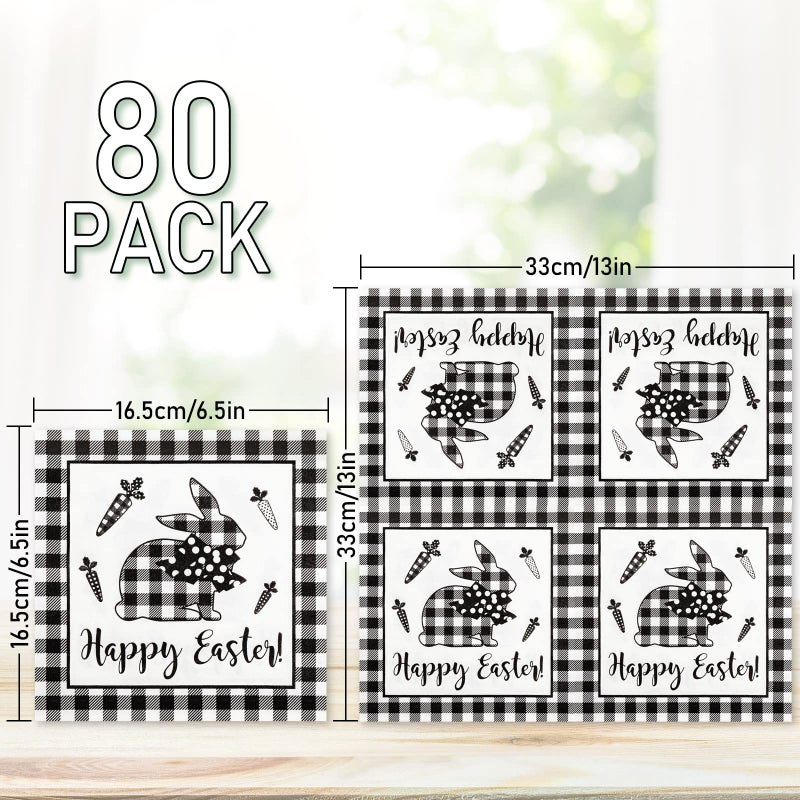 Whaline 80 Pack Easter Farmhouse Napkins - 6.5 x 6.5 Inch White Black Plaid Rabbit Luncheon Napkins - Happy Easter Disposable Paper Dinner Napkins for Spring Party Supplies Table Decorations - Image 2