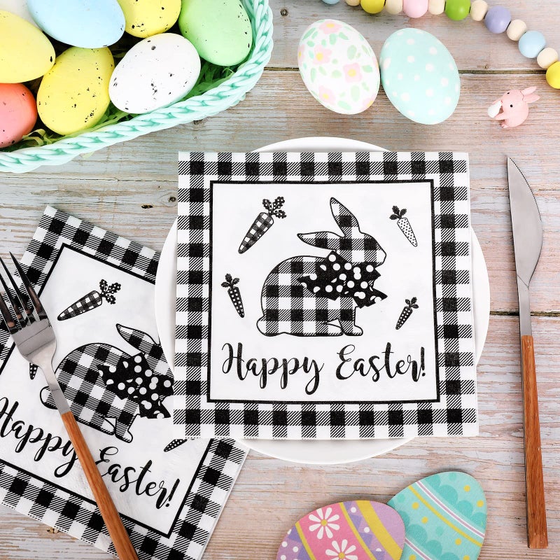 Whaline 80 Pack Easter Farmhouse Napkins - 6.5 x 6.5 Inch White Black Plaid Rabbit Luncheon Napkins - Happy Easter Disposable Paper Dinner Napkins for Spring Party Supplies Table Decorations - Image 3