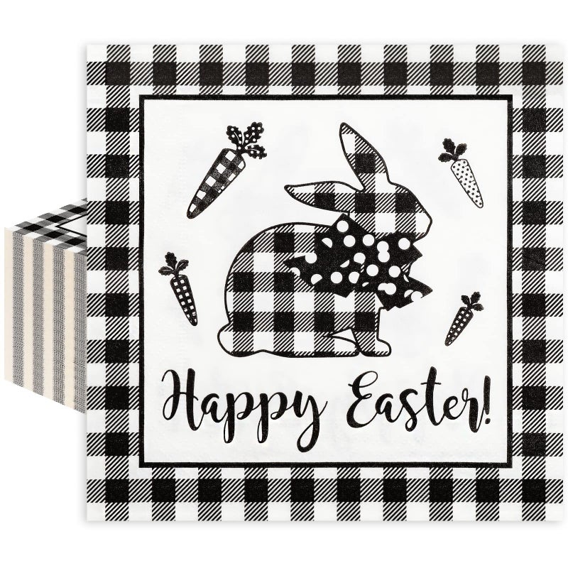 Whaline 80 Pack Easter Farmhouse Napkins - 6.5 x 6.5 Inch White Black Plaid Rabbit Luncheon Napkins - Happy Easter Disposable Paper Dinner Napkins for Spring Party Supplies Table Decorations - Image 1