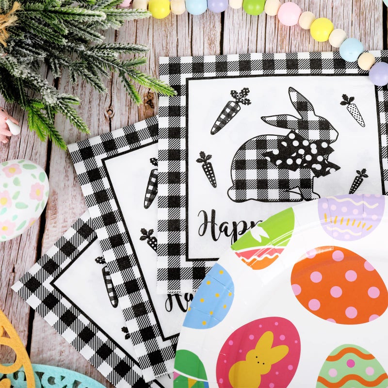 Whaline 80 Pack Easter Farmhouse Napkins - 6.5 x 6.5 Inch White Black Plaid Rabbit Luncheon Napkins - Happy Easter Disposable Paper Dinner Napkins for Spring Party Supplies Table Decorations - Image 4