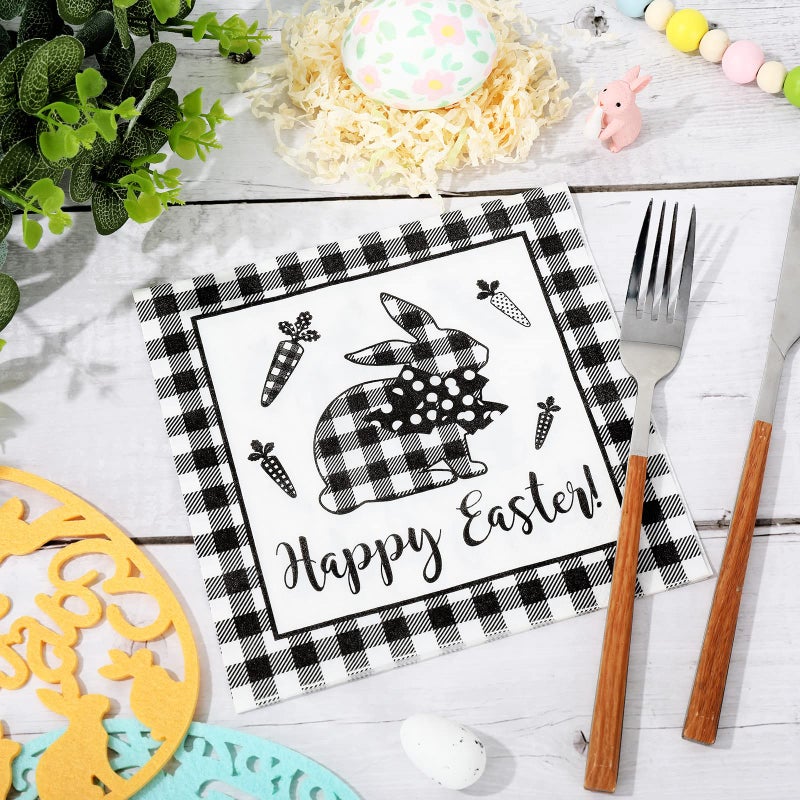 Whaline 80 Pack Easter Farmhouse Napkins - 6.5 x 6.5 Inch White Black Plaid Rabbit Luncheon Napkins - Happy Easter Disposable Paper Dinner Napkins for Spring Party Supplies Table Decorations - Image 5