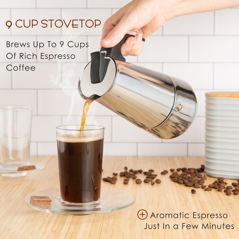 Mixpresso 9 Cup Greca Stovetop Espresso Maker 450ml/15oz, Moka Pot with Coffee Percolator Design, Stainless Steel Stove Top Coffee Maker for Camping or Home Use, Italian Coffee Maker Stovetop - Image 3