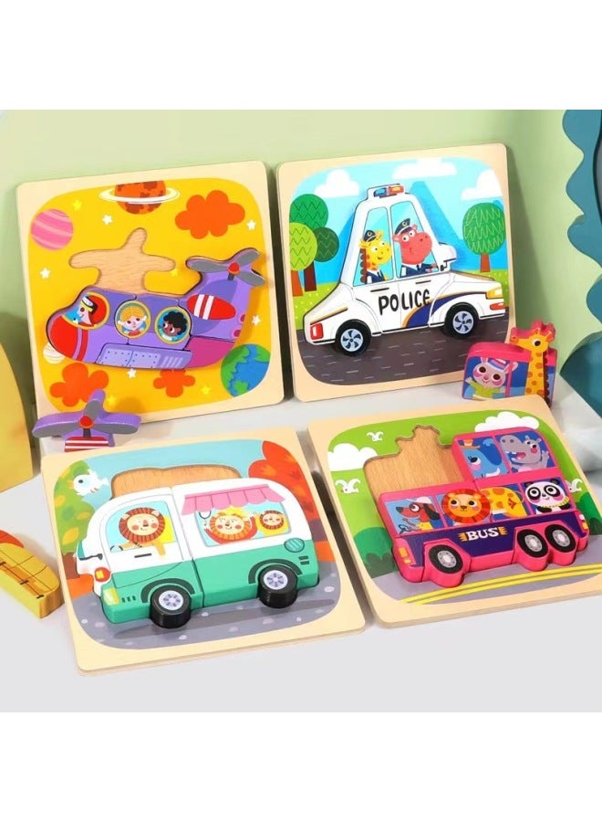 Wooden Advanced Three-Dimensional Puzzle Set Educational Toys For Young Children Boys And Girls Baby Cartoon Animal Puzzle 3-6-Color:Style 3 (plane + Police Car + Van + Bus) - Image 1
