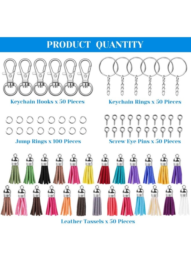 شرابات سلسلة المفاتيح، مجموعة حلقات سلاسل المفاتيح الكبيرة 300 قطعة تتضمن 50 قطعة شرابة للحرف اليدوية، 50 قطعة من مشابك سلسلة المفاتيح، 50 قطعة من حلقات سلسلة المفاتيح، 100 قطعة من حلقة القفز و50 قطعة من دبابيس العين اللولبية لسلسلة المفاتيح التي تصنعها بنفسك