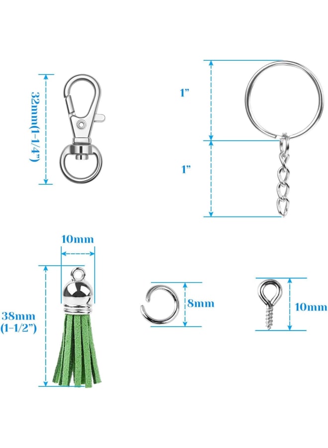 شرابات سلسلة المفاتيح، مجموعة حلقات سلاسل المفاتيح الكبيرة 300 قطعة تتضمن 50 قطعة شرابة للحرف اليدوية، 50 قطعة من مشابك سلسلة المفاتيح، 50 قطعة من حلقات سلسلة المفاتيح، 100 قطعة من حلقة القفز و50 قطعة من دبابيس العين اللولبية لسلسلة المفاتيح التي تصنعها بنفسك