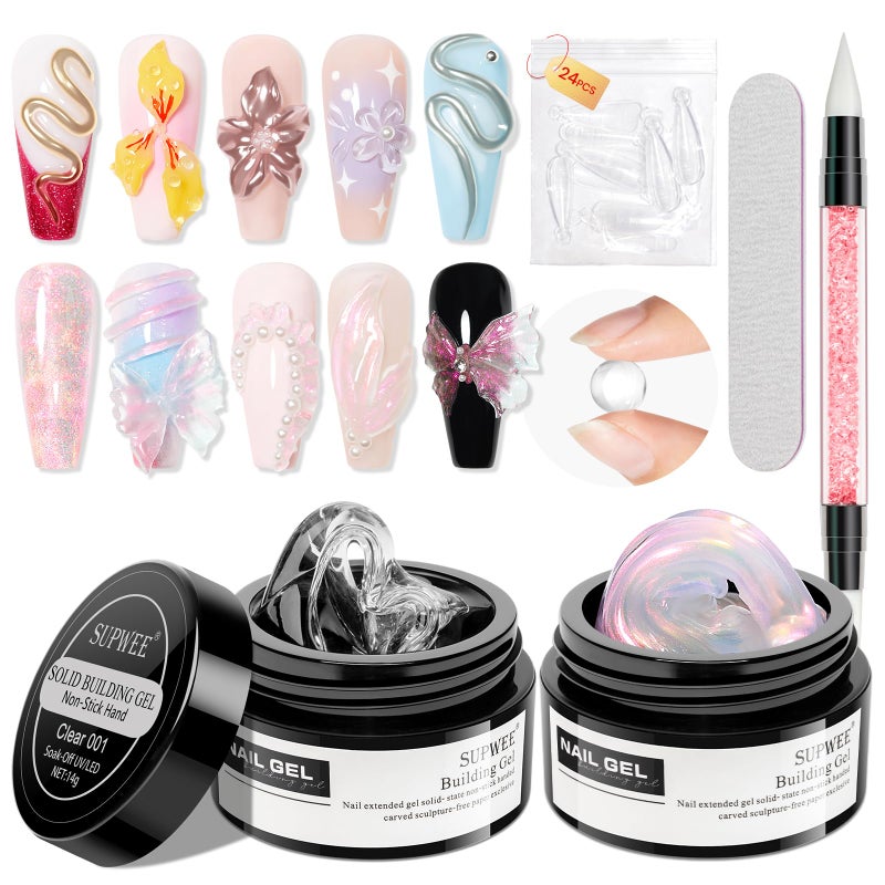 SUPWEE Pink Aurora and Clear Nail Extension Gel Solid Builder Gel for Nails 3D Sculpture Molding Carving Home DIY Gift for Women Girls - Image 2