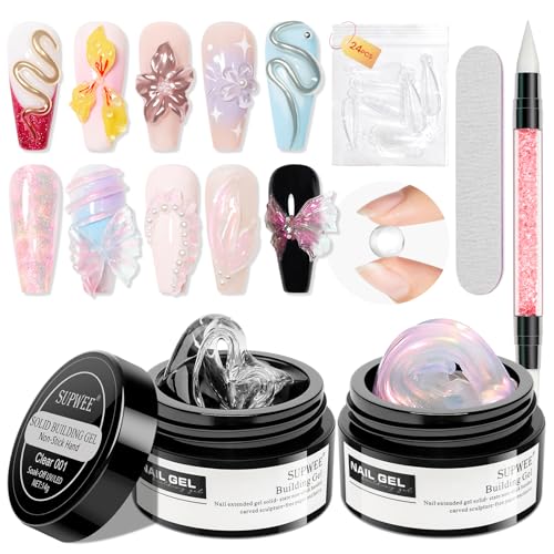 SUPWEE Pink Aurora and Clear Nail Extension Gel Solid Builder Gel for Nails 3D Sculpture Molding Carving Home DIY Gift for Women Girls - Image 1
