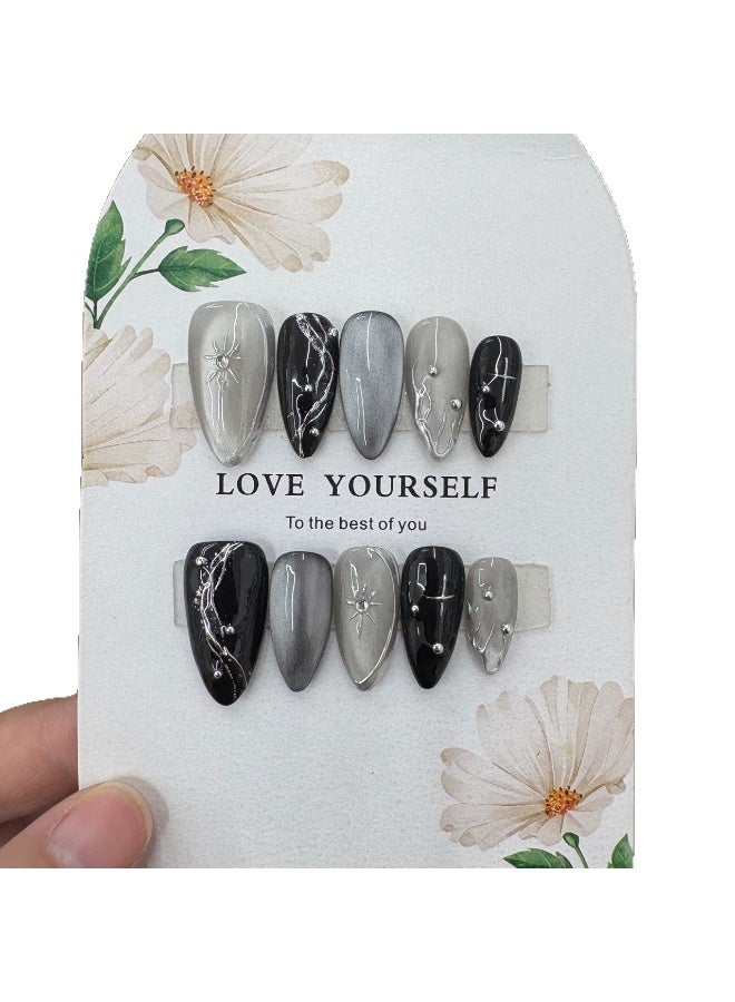 Pure hand-worn nail almond A-type silver star moon dark futuristic grey interstellar sky - Image 2