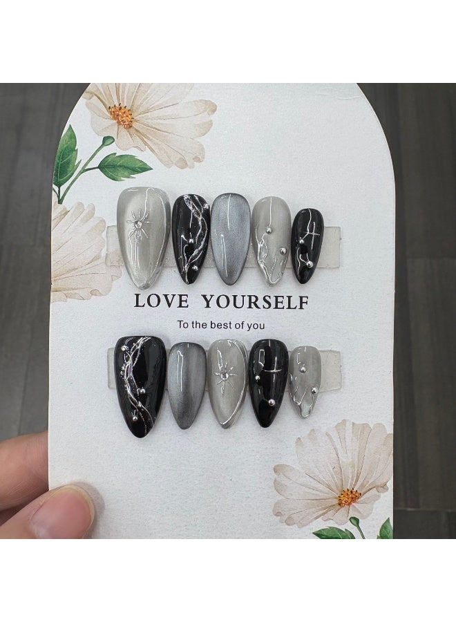 Pure hand-worn nail almond A-type silver star moon dark futuristic grey interstellar sky - Image 1