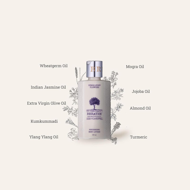 Breathe Aromatherapy Himalayan Flowers Body Lotion  Indian Jasmine Ylang Ylang  Mogra  Suitable for all skin types  Beneficial for normal to dry skin and mature skin  Moisturises  soothes the skin  250 ml - Image 2