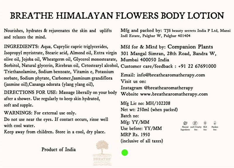 Breathe Aromatherapy Himalayan Flowers Body Lotion  Indian Jasmine Ylang Ylang  Mogra  Suitable for all skin types  Beneficial for normal to dry skin and mature skin  Moisturises  soothes the skin  250 ml - Image 3