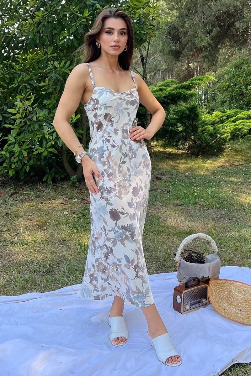 جولسلي Rose Floral Patterned Thin Strap Women's Satin Dress