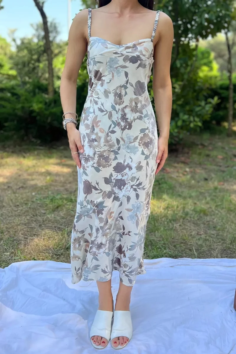 جولسلي Rose Floral Patterned Thin Strap Women's Satin Dress