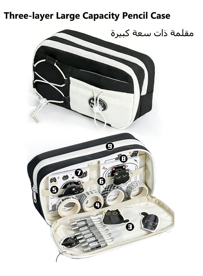 حقيبة أقلام للمدرسة,مقلمة,حقيبة أقلام، حافظة أقلام واسعة السعة، مزودة بأقسام، حقيبة أقلام متينة بفتحة واسعة، حقيبة أقلام بسيطة متعددة الاستخدامات بسحاب إغلاق للمراهقين (أسود، ٢٢×١٢×٧ سم) - Image 1