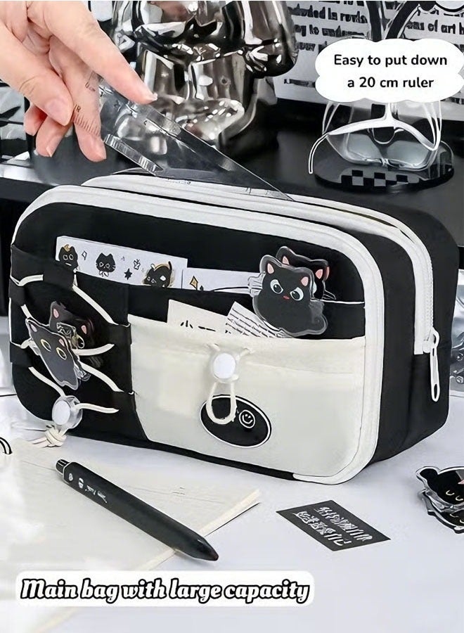 حقيبة أقلام للمدرسة,مقلمة,حقيبة أقلام، حافظة أقلام واسعة السعة، مزودة بأقسام، حقيبة أقلام متينة بفتحة واسعة، حقيبة أقلام بسيطة متعددة الاستخدامات بسحاب إغلاق للمراهقين (أسود، ٢٢×١٢×٧ سم) - Image 5