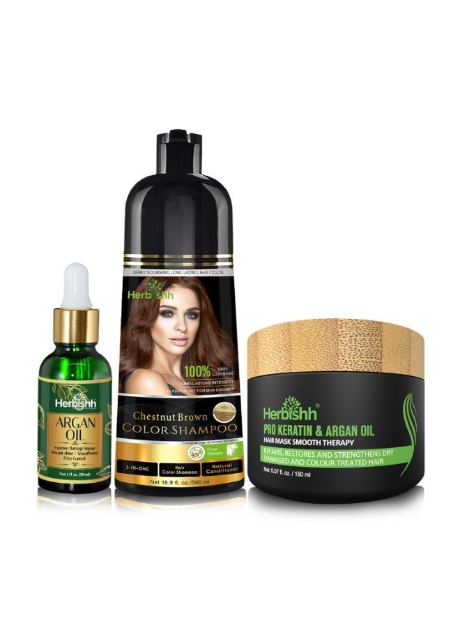 Herbishh After Color Shampoo Combo - Chestnut Brown Hair Color Shampoo 500 ml, Argan Oil 30 ml & Hair Mask 150 ml - Image 1