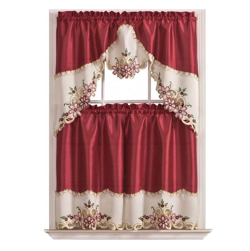 GOHD Golden Ocean Home Decor GOHD Arch Floral Kitchen Curtain SetSwag Valance  Tier Set Nice Matching Color Floral Embroidery on Border with cutworks Wine