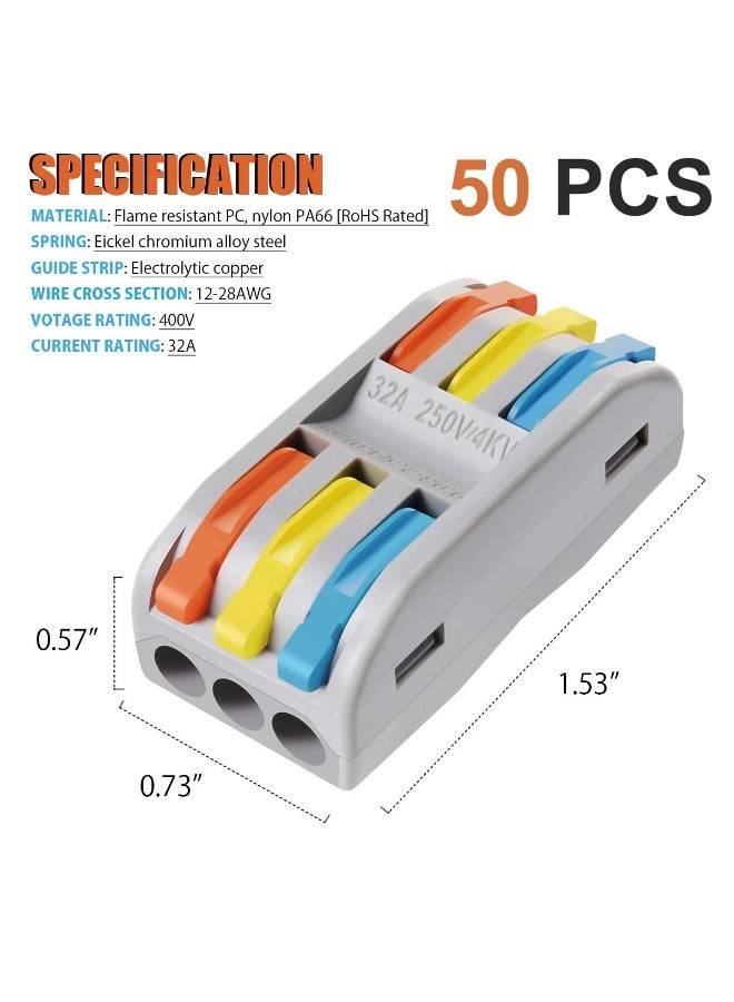 SANMUGEED Wire Connectors Nuts, 50pcs 3 Conductor Compact Splicing Wire Connectors, 3 in 3 Out Lever Wire Nut, 3 Circuit Inline Splices 28-12 AWG - Image 4