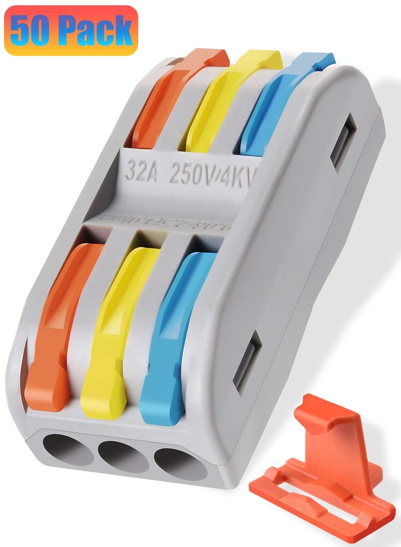 SANMUGEED Wire Connectors Nuts, 50pcs 3 Conductor Compact Splicing Wire Connectors, 3 in 3 Out Lever Wire Nut, 3 Circuit Inline Splices 28-12 AWG - Image 1