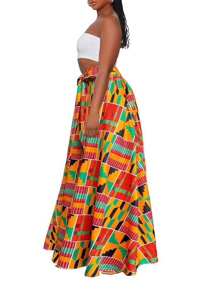 Afibi Womens Casual High Waist Tie Afican Print Long Maxi Skirt with Pockets, Golden Green, M - Image 4