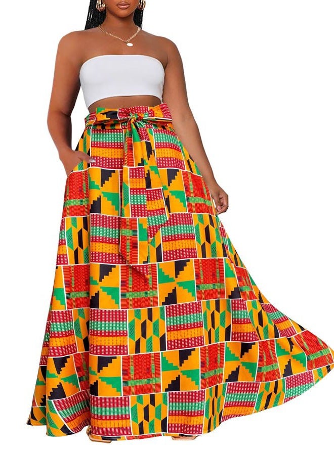 Afibi Womens Casual High Waist Tie Afican Print Long Maxi Skirt with Pockets, Golden Green, M - Image 2