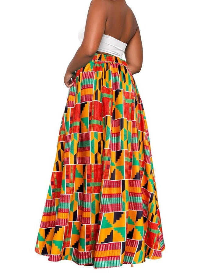 Afibi Womens Casual High Waist Tie Afican Print Long Maxi Skirt with Pockets, Golden Green, M - Image 5