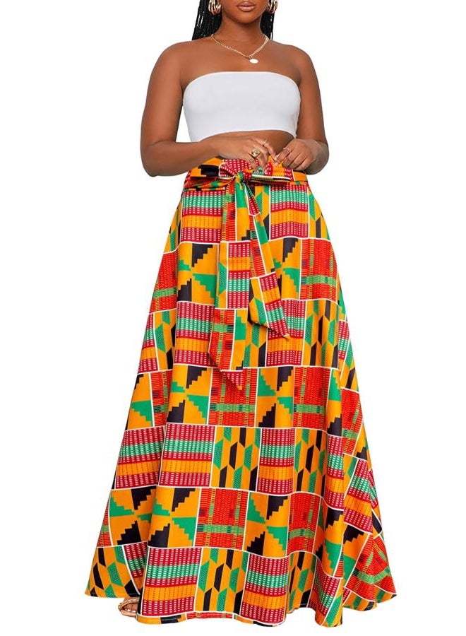 Afibi Womens Casual High Waist Tie Afican Print Long Maxi Skirt with Pockets, Golden Green, M - Image 3