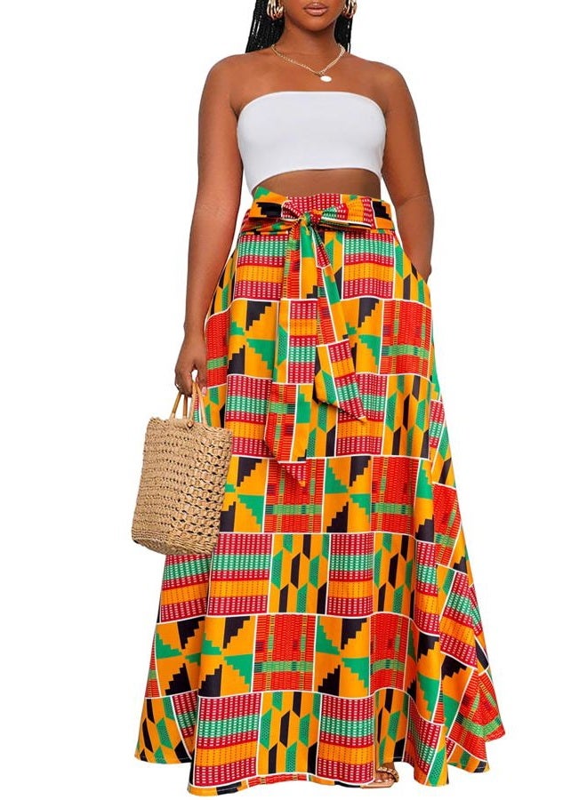 Afibi Womens Casual High Waist Tie Afican Print Long Maxi Skirt with Pockets, Golden Green, M - Image 1