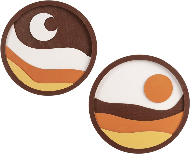 pechpell 2 Pcs Boho Sun And Moon Decor - 3D Round Wooden Celestial Wall Sculpture - Image 1