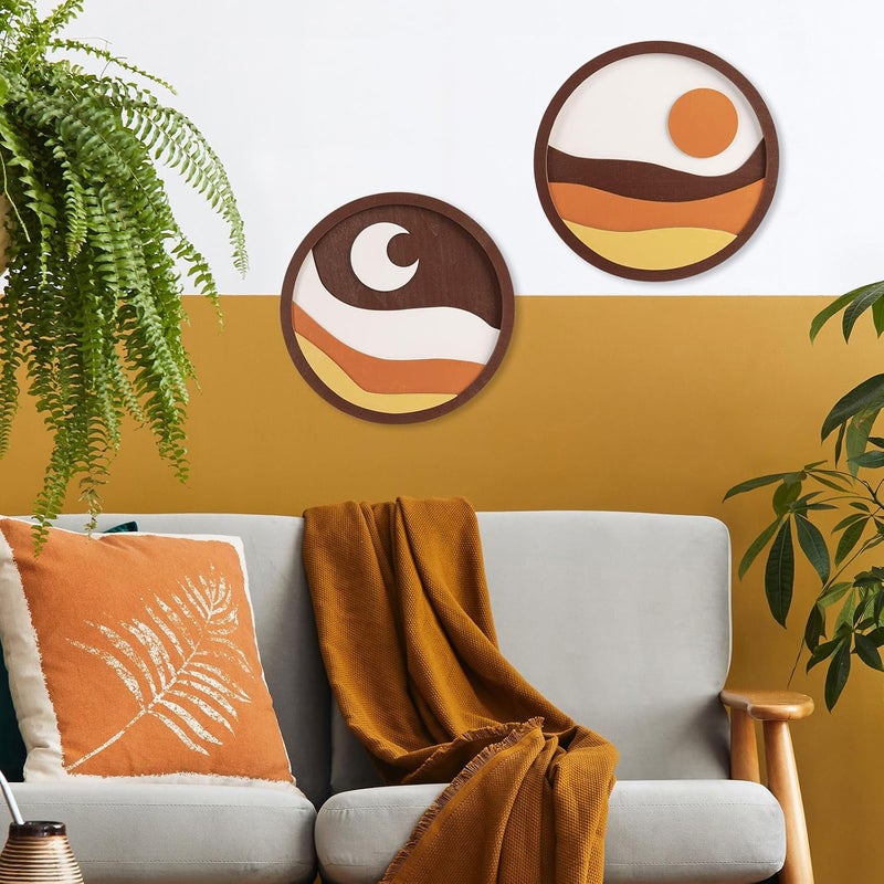 pechpell 2 Pcs Boho Sun And Moon Decor - 3D Round Wooden Celestial Wall Sculpture - Image 5