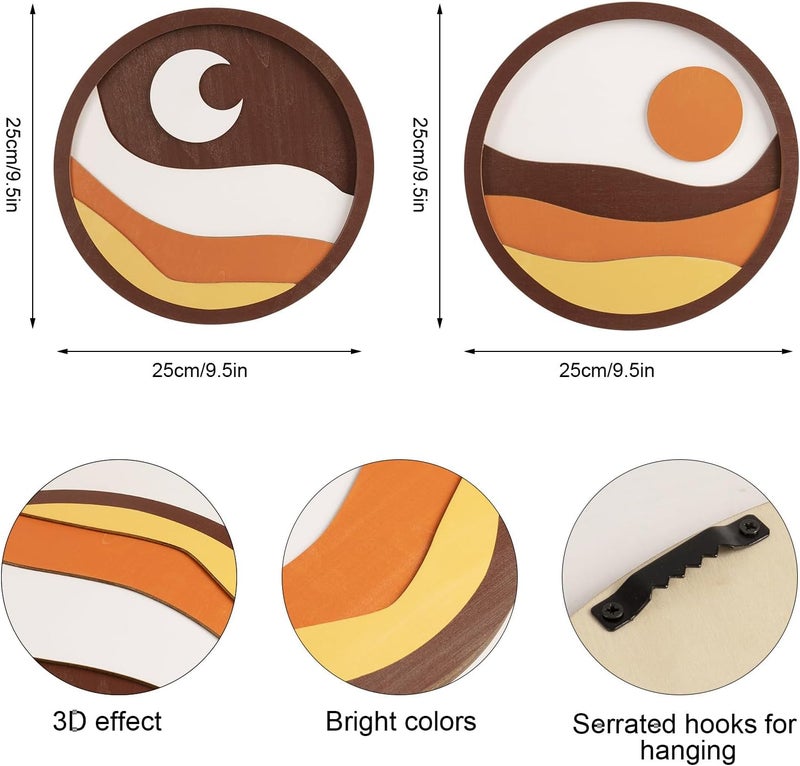 pechpell 2 Pcs Boho Sun And Moon Decor - 3D Round Wooden Celestial Wall Sculpture - Image 2