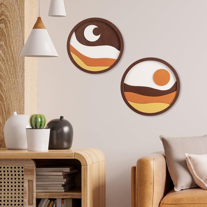 pechpell 2 Pcs Boho Sun And Moon Decor - 3D Round Wooden Celestial Wall Sculpture - Image 3