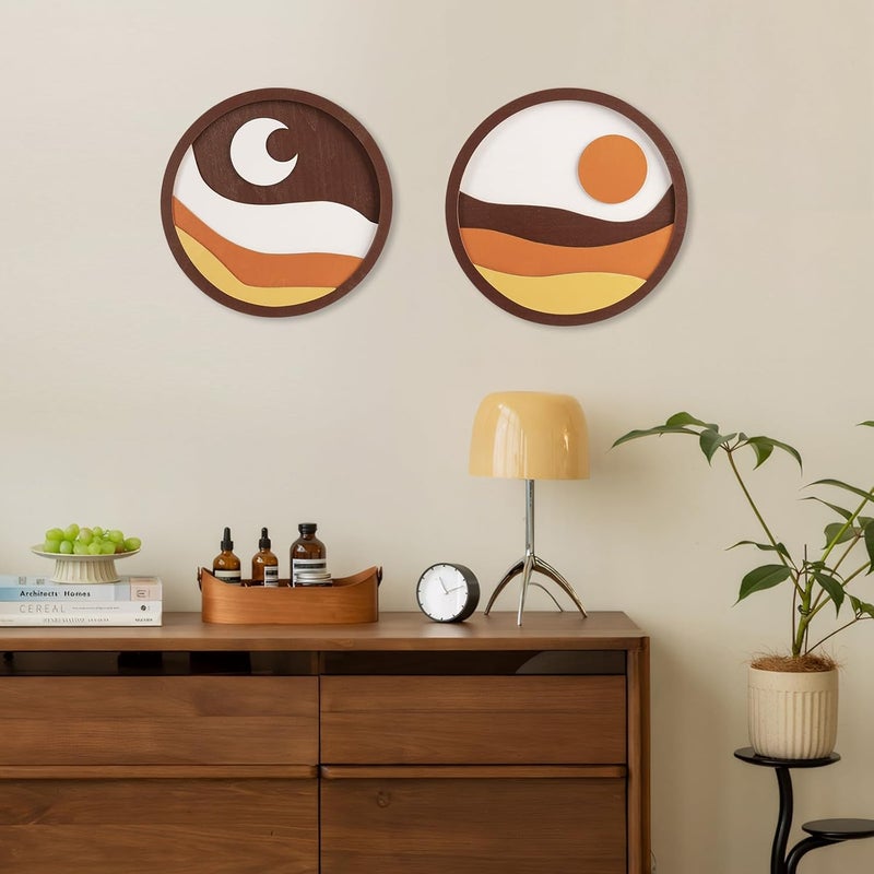 pechpell 2 Pcs Boho Sun And Moon Decor - 3D Round Wooden Celestial Wall Sculpture - Image 4